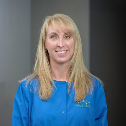 The image shows two photographs of a person who appears to be a woman with light hair wearing a blue lab coat, smiling slightly at the camera.